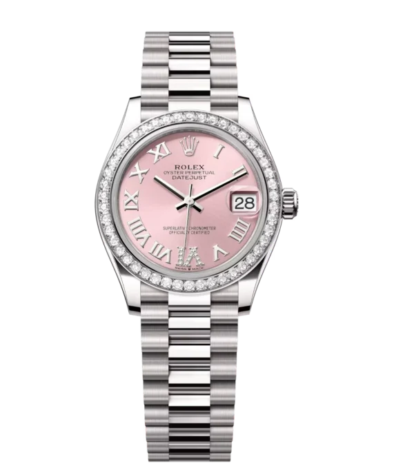 Rolex Datejust 31 Oyster Perpetual 18 ct white gold pink, diamond-set dial President band Reference 278289RBR