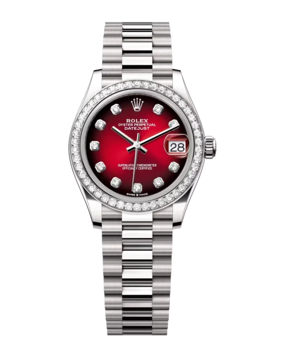 Rolex Datejust 31 Oyster Perpetual 18 ct white gold red ombré, diamond-set dial President band Reference 278289RBR