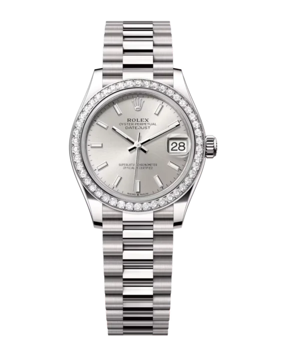 Rolex Lady-Datejust 28 Oyster Perpetual 18 ct white gold silver dial President band Reference 279139RBR