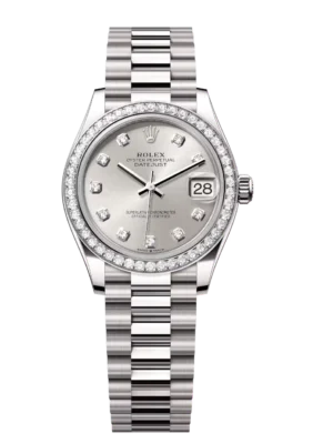 Rolex Datejust 31 Oyster Perpetual 18 ct white gold silver, diamond-set dial President band Reference 278289RBR