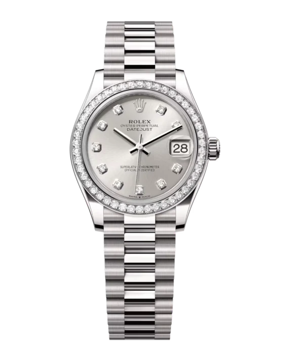 Rolex Datejust 31 Oyster Perpetual 18 ct white gold silver, diamond-set dial President band Reference 278289RBR