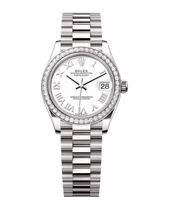 Rolex Lady-Datejust 28 Oyster Perpetual 18 ct white gold white dial President band Reference 279139RBR