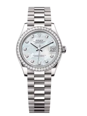 Rolex Datejust 31 Oyster Perpetual 18 ct white gold white mother-of-pearl, diamond-set dial President band Reference 278289RBR