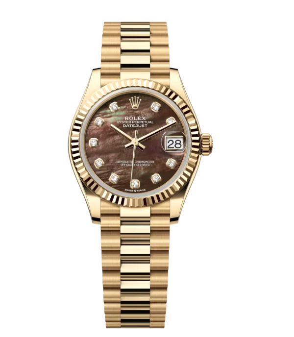 Rolex Datejust 31 Oyster Perpetual 18 ct yellow gold black mother-of-pearl, diamond-set dial President band Reference 278278