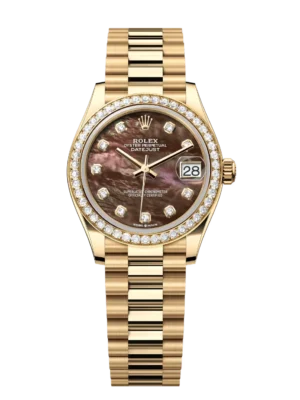 Rolex Datejust 31 Oyster Perpetual 18 ct yellow gold black mother-of-pearl, diamond-set dial President band Reference 278288RBR