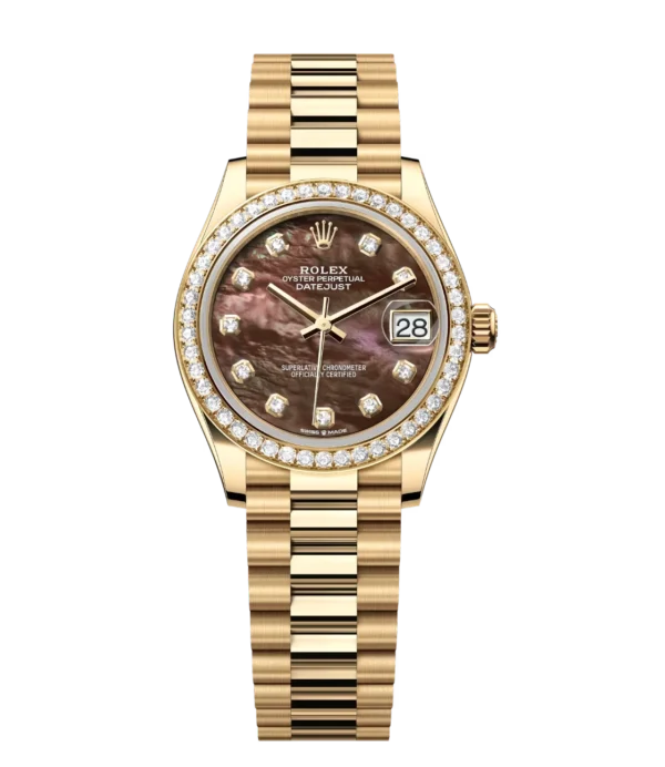 Rolex Datejust 31 Oyster Perpetual 18 ct yellow gold black mother-of-pearl, diamond-set dial President band Reference 278288RBR