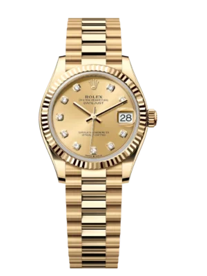 Rolex Datejust 31 Oyster Perpetual 18 ct yellow gold champagne colour, diamond-set dial President band Reference 278278