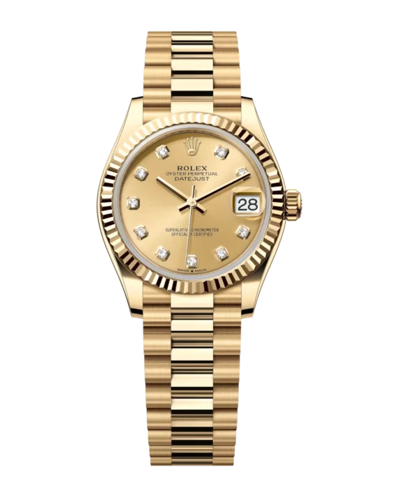 Rolex Datejust 31 Oyster Perpetual 18 ct yellow gold champagne colour, diamond-set dial President band Reference 278278