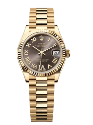 Rolex Datejust 31 Oyster Perpetual 18 ct yellow gold dark grey, diamond-set dial President band Reference 278278
