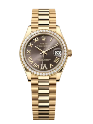 Rolex Datejust 31 Oyster Perpetual 18 ct yellow gold dark grey, diamond-set dial President band Reference 278288RBR