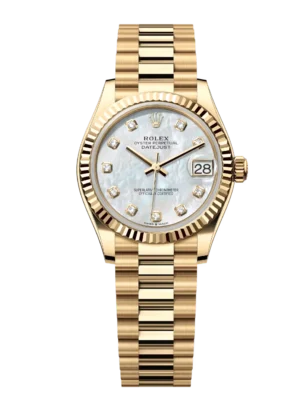Rolex Datejust 31 Oyster Perpetual  18 ct yellow gold features a white mother-of-pearl, diamond-set dial President band Reference 278278