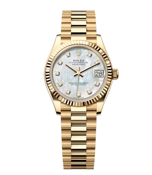 Rolex Datejust 31 Oyster Perpetual 18 ct yellow gold features a white mother-of-pearl, diamond-set dial President band Reference 278278