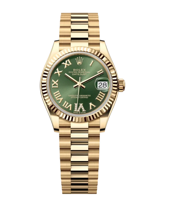 Rolex Datejust 31 Oyster Perpetual 18 ct yellow gold olive-green, diamond-set dial President band Reference 278278