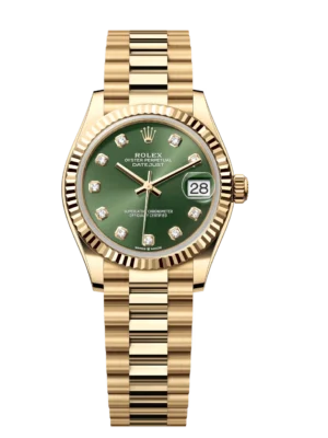 Rolex Datejust 31 Oyster Perpetual 18 ct yellow gold olive-green, diamond-set dial President band Reference 278278