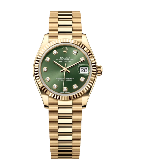 Rolex Datejust 31 Oyster Perpetual 18 ct yellow gold olive-green, diamond-set dial President band Reference 278278
