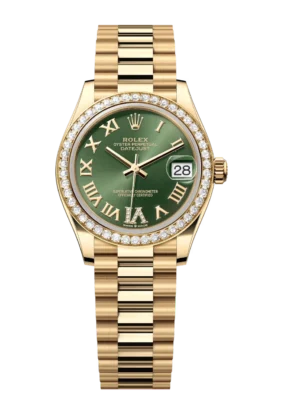 Rolex Datejust 31 Oyster Perpetual 18 ct yellow gold olive-green, diamond-set dial President band Reference 278288RBR