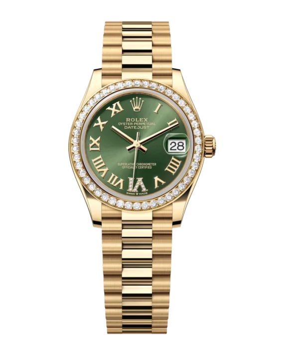 Rolex Datejust 31 Oyster Perpetual 18 ct yellow gold olive-green, diamond-set dial President band Reference 278288RBR