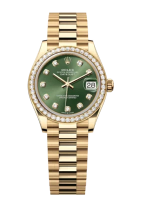 Rolex Datejust 31 Oyster Perpetual 18 ct yellow gold olive-green, diamond-set dial President band Reference 278288RBR