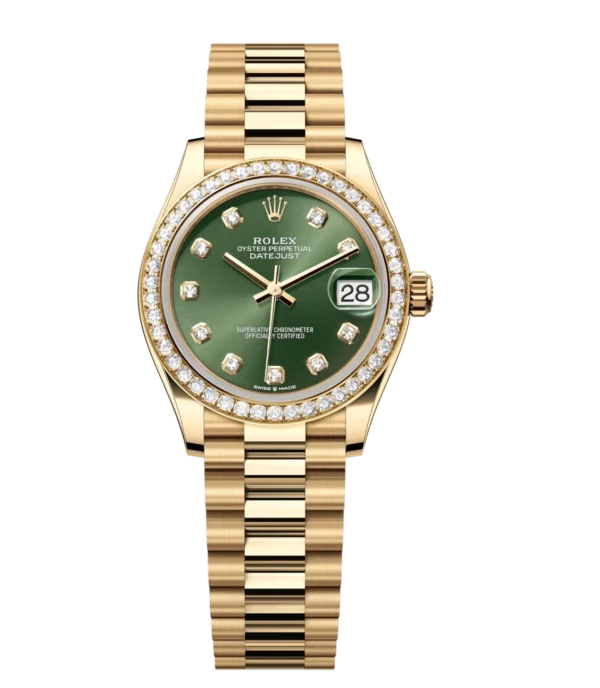 Rolex Datejust 31 Oyster Perpetual 18 ct yellow gold olive-green, diamond-set dial President band Reference 278288RBR