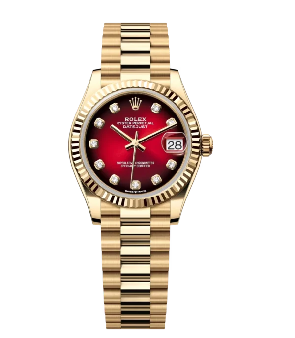 Rolex Datejust 31 Oyster Perpetual 18 ct yellow gold red ombré, diamond-set dial President band Reference 278278
