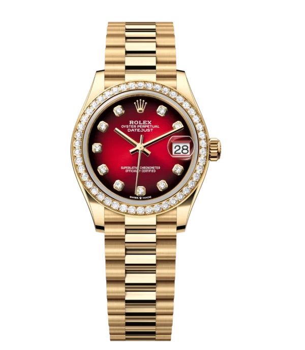 Rolex Datejust 31 Oyster Perpetual 18 ct yellow gold red ombré, diamond-set dial President band Reference 278288RBR