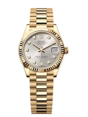 Rolex Datejust 31 Oyster Perpetual 18 ct yellow gold silver, diamond-set dial President band Reference 278278