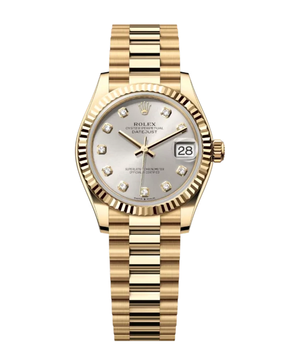 Rolex Datejust 31 Oyster Perpetual 18 ct yellow gold silver, diamond-set dial President band Reference 278278