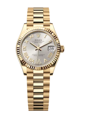 Rolex Datejust 31 Oyster Perpetual 18 ct yellow gold silver, diamond-set dial President band Reference 278278