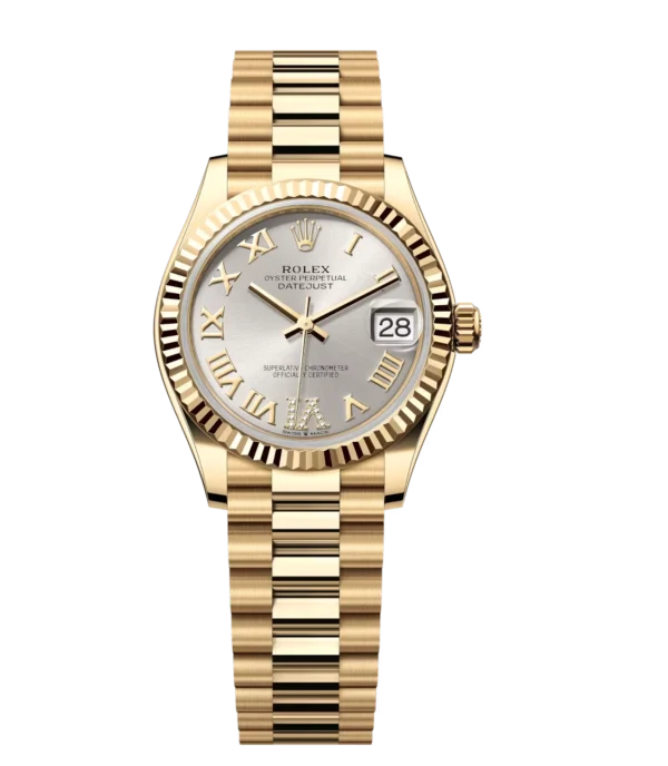 Rolex Datejust 31 Oyster Perpetual 18 ct yellow gold silver, diamond-set dial President band Reference 278278