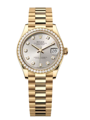 Rolex Lady-Datejust 28 Oyster Perpetual 18 ct yellow gold silver, diamond-set dial President band Reference 279138RBR