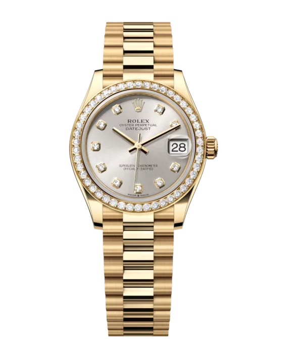 Rolex Datejust 31 Oyster Perpetual 18 ct yellow gold silver, diamond-set dial President band Reference 278288RBR