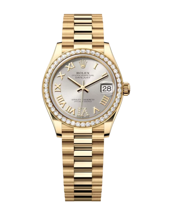 Rolex Datejust 31 Oyster Perpetual 18 ct yellow gold silver, diamond-set dial President band Reference 278288RBR