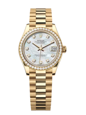 Rolex Datejust 31 Oyster Perpetual 18 ct yellow gold white mother-of-pearl, diamond-set dial President band Reference 278288RBR