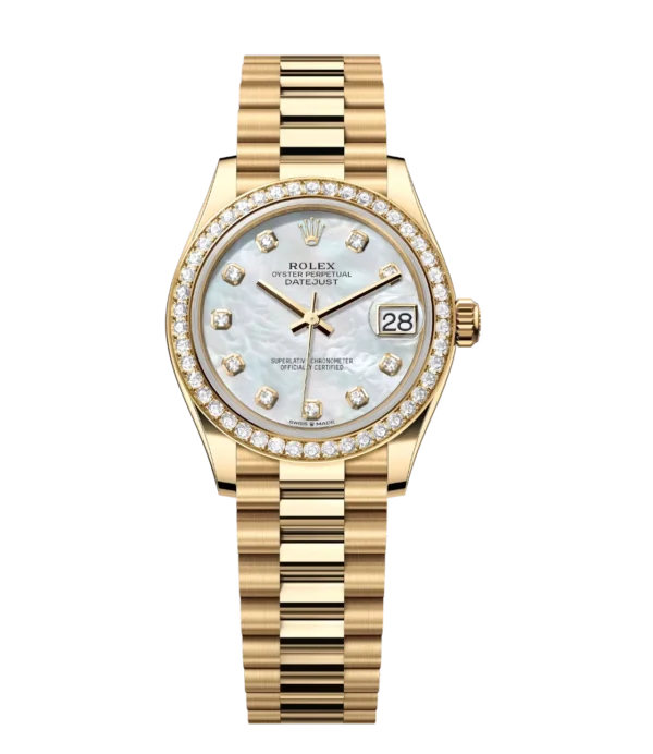 Rolex Datejust 31 Oyster Perpetual 18 ct yellow gold white mother-of-pearl, diamond-set dial President band Reference 278288RBR