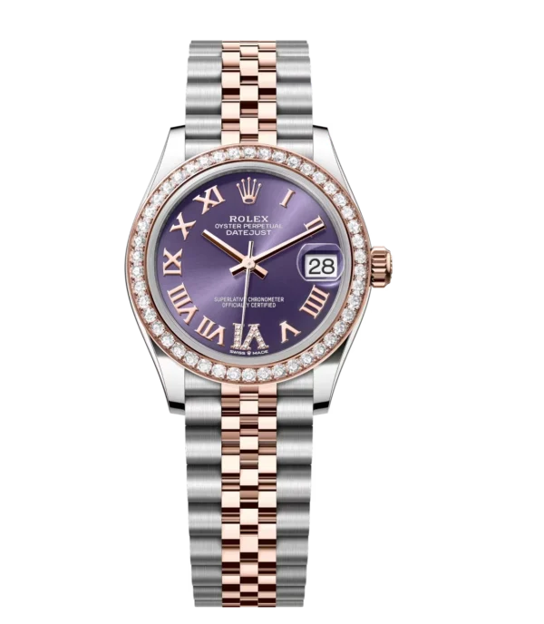 Rolex Datejust 31 Oyster Perpetual Oystersteel and Everose gold aubergine, diamond-set dial Jubilee band Reference 278381RBR
