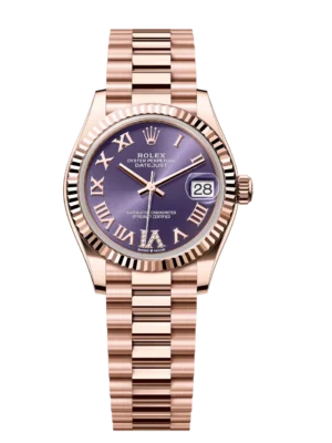 Rolex Datejust 31 Oyster Perpetual Oystersteel and Everose gold aubergine, diamond-set dial President band Reference 278275