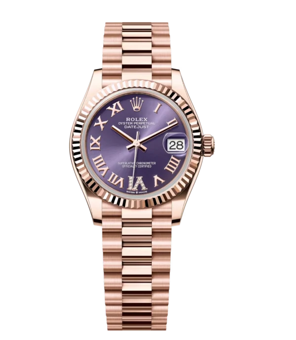 Rolex Datejust 31 Oyster Perpetual Oystersteel and Everose gold aubergine, diamond-set dial President band Reference 278275