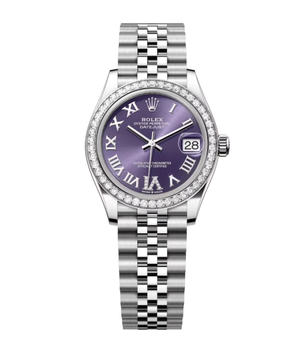 Rolex Datejust 31 Oyster Perpetual Oystersteel and white gold aubergine, diamond-set dial Jubilee band Reference 278384RBR
