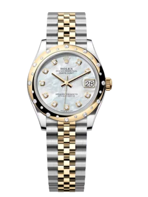 Rolex Datejust 31 Oyster Perpetual Oystersteel and yellow gold white mother-of-pearl, diamond-set dial Jubilee band Reference 278343RBR