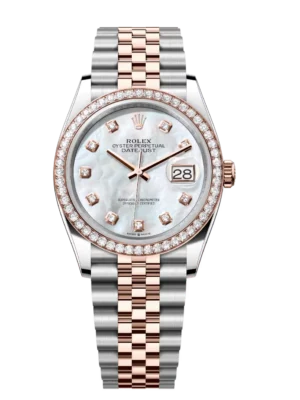 Rolex Datejust 31 Oyster Perpetual Oystersteel and Everose gold white mother-of-pearl, diamond-set dial Jubilee band Reference 278381RBR