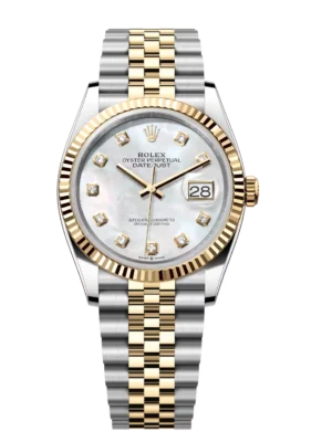 Rolex Lady-Datejust 28 Oyster Perpetual Oystersteel and yellow gold white mother-of-pearl, diamond-set dial Jubilee band Reference 279173