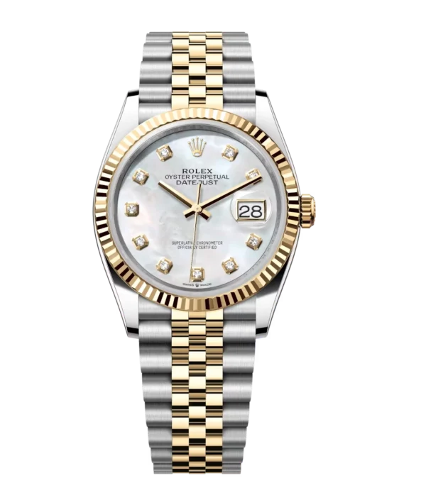 Rolex Lady-Datejust 28 Oyster Perpetual Oystersteel and yellow gold white mother-of-pearl, diamond-set dial Jubilee band Reference 279173