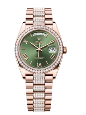 Rolex Day-Date 36 Oyster Perpetual 18 ct Everose gold olive-green dial diamond-set bezel diamond-set President band Reference 128345RBR