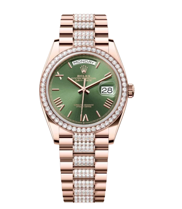 Rolex Day-Date 36 Oyster Perpetual 18 ct Everose gold olive-green dial diamond-set bezel diamond-set President band Reference 128345RBR