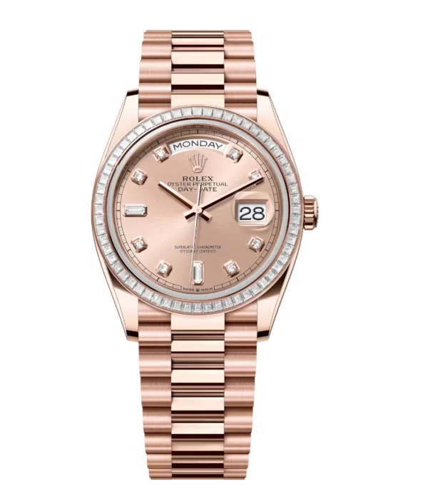 Rolex Day-Date 36 Oyster Perpetual 18 ct Everose gold rosé colour, diamond-set dial diamond-set bezel President band Reference 128395TBR