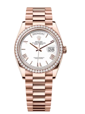 Rolex Day-Date 36 Oyster Perpetual 18 ct Everose gold white dial diamond-set bezel President band Reference 128345RBR