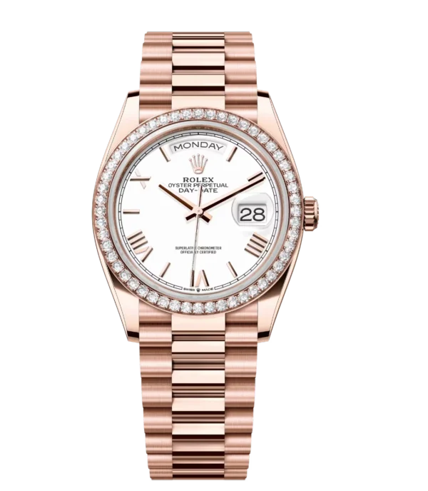 Rolex Day-Date 36 Oyster Perpetual 18 ct Everose gold white dial diamond-set bezel President band Reference 128345RBR