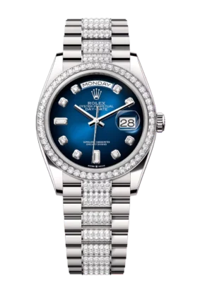 Rolex Day-Date 36 Oyster Perpetual 18 ct white gold blue ombré, diamond-set dial diamond-set bezel diamond-set President band Reference 128349RBR