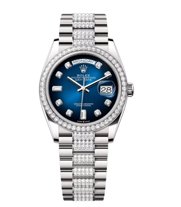 Rolex Day-Date 36 Oyster Perpetual 18 ct white gold blue ombré, diamond-set dial diamond-set bezel diamond-set President band Reference 128349RBR