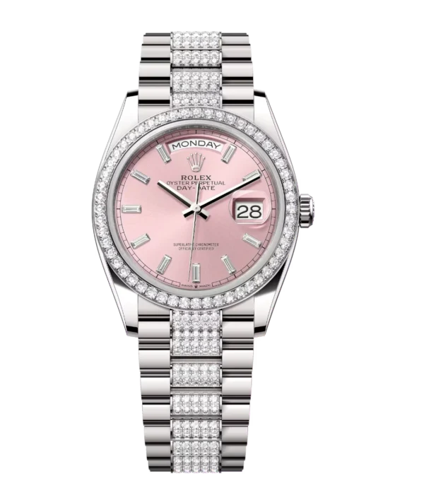 Rolex Day-Date 36 Oyster Perpetual 18 ct white gold pink, diamond-set dial diamond-set bezel diamond-set President band Reference 128349RBR